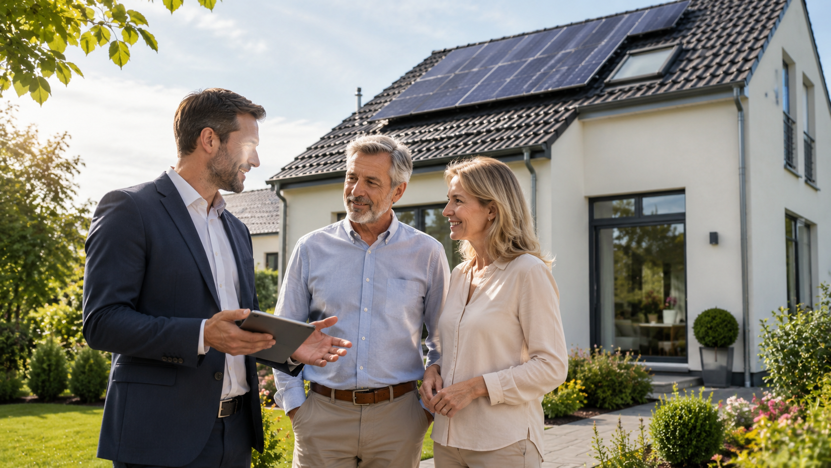Freundlicher Energieberater mit Tablet im Gespräch mit einem Hausbesitzerpaar vor einem modern sanierten Einfamilienhaus